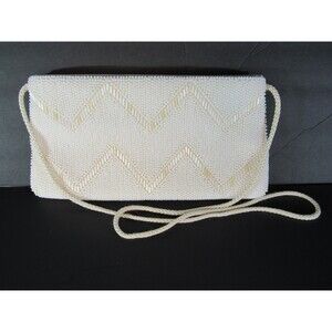 Vintage Cream 1970s Beaded Clutch Handbag Purse Chevron Zigzag Shoulder Bag